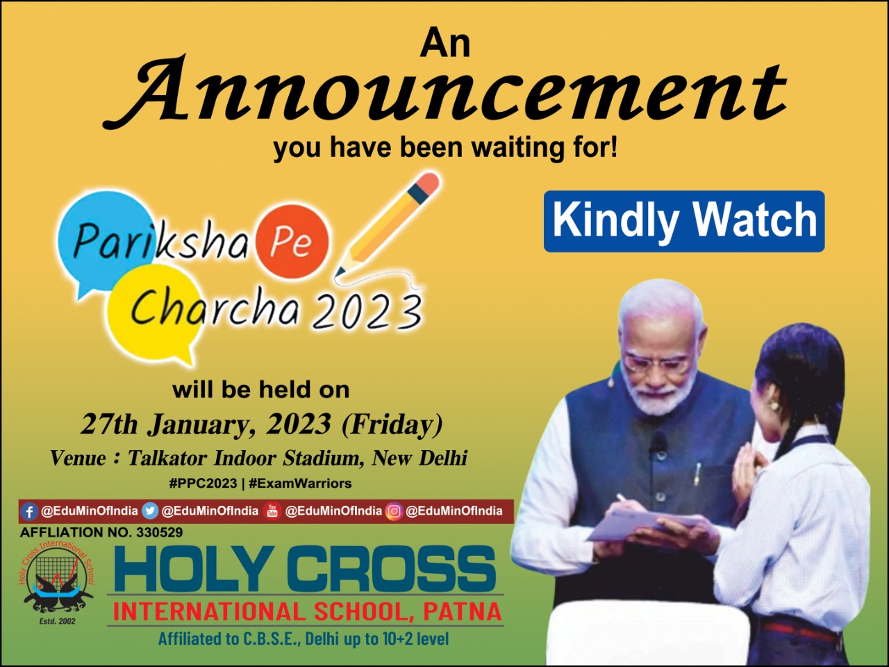 D/P Pariksha Pe Charcha 2023 on 27th January ,2023 (Friday). Kindly Watch